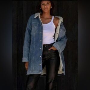 LNDN Landon Denim Sherpa Lined Denim Trench Coat - deep blue dark Wash L